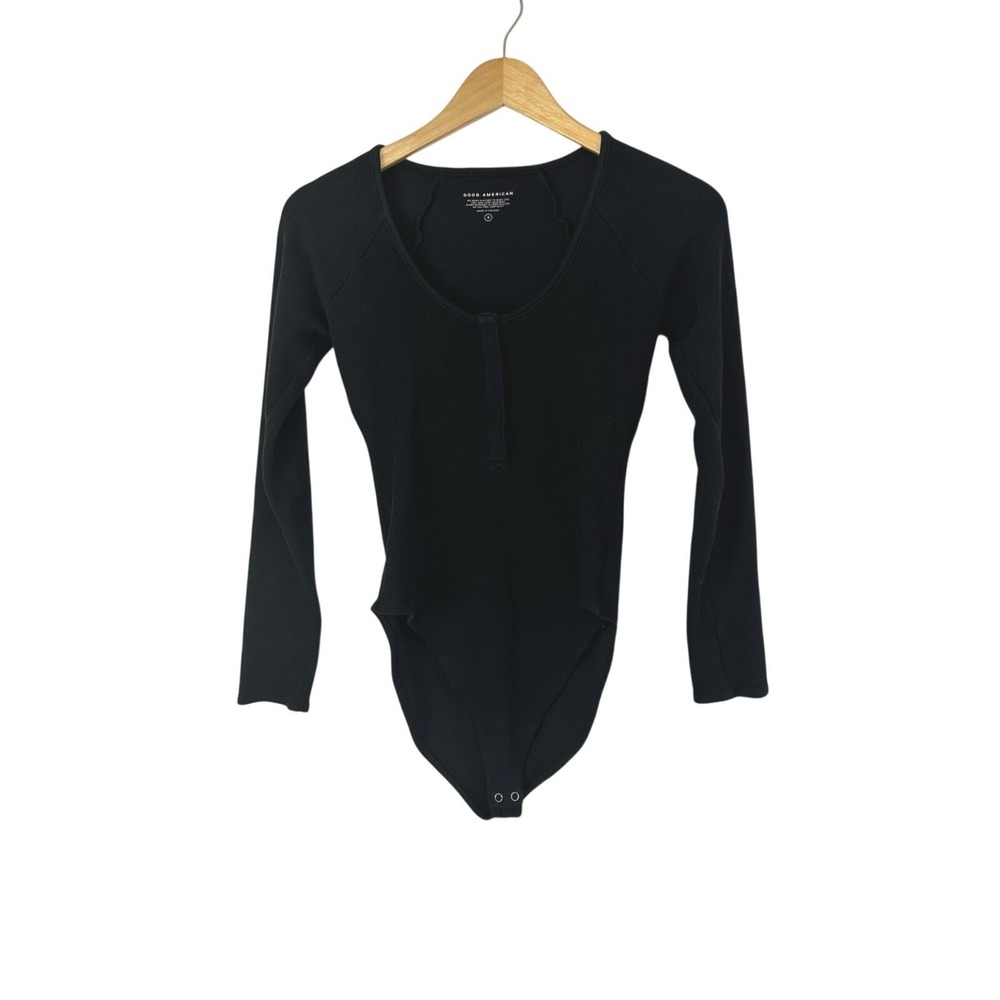Good American Size 3 Womens Large Black Long Sleeve Snap Henley Bodysuit Ribbed